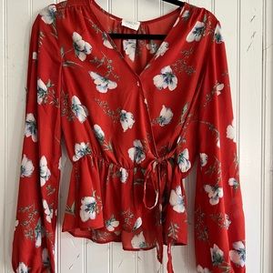 red flower print top with tie at waistline